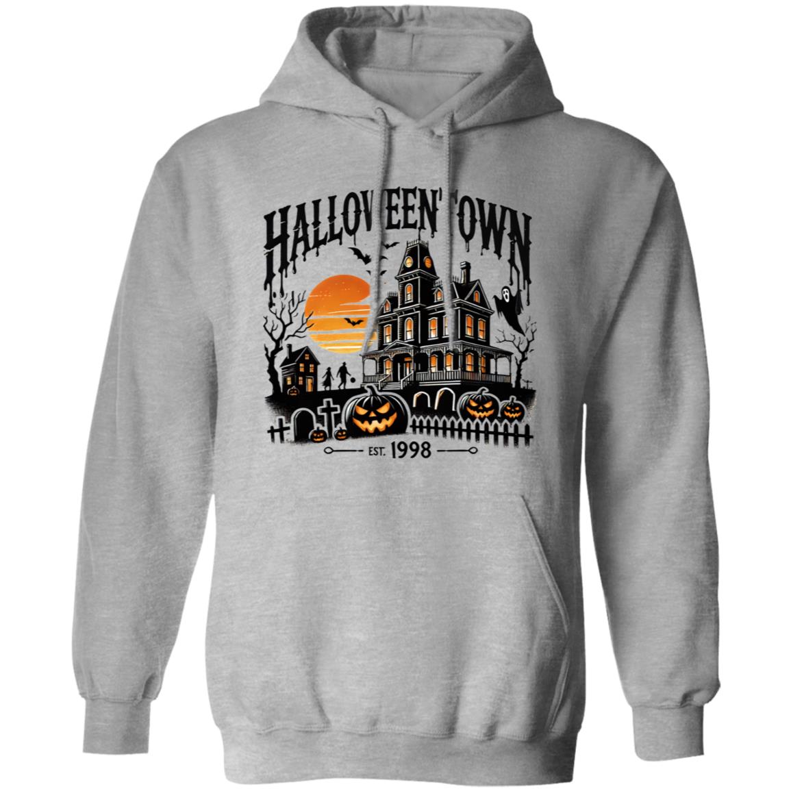 Vibrant Halloween Town Print Short Sleeve T-Shirt, Long Sleeve T-shirt, Pullover Hoodie - Soft, Casual, Novelty Design - Cozy Clothing for Halloween Wear