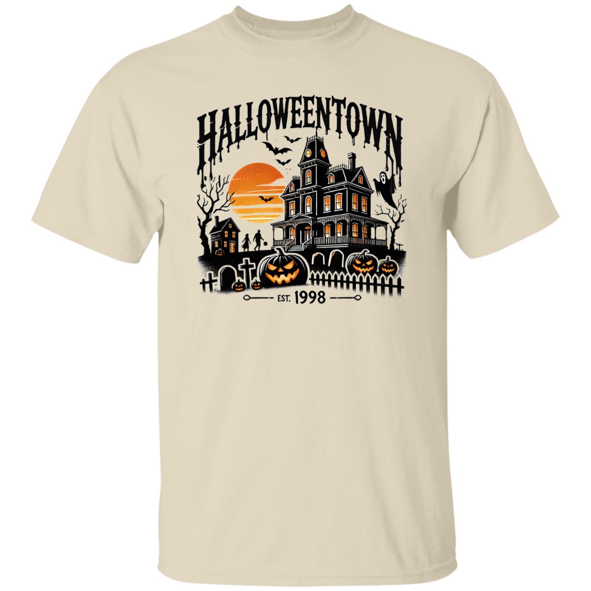 Vibrant Halloween Town Print Short Sleeve T-Shirt, Long Sleeve T-shirt, Pullover Hoodie - Soft, Casual, Novelty Design - Cozy Clothing for Halloween Wear