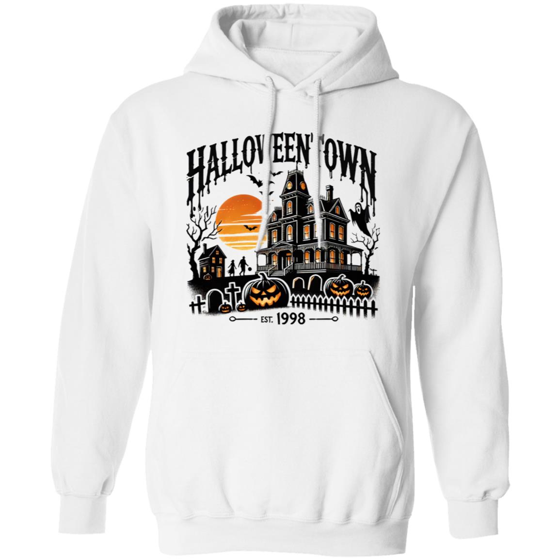 Vibrant Halloween Town Print Short Sleeve T-Shirt, Long Sleeve T-shirt, Pullover Hoodie - Soft, Casual, Novelty Design - Cozy Clothing for Halloween Wear