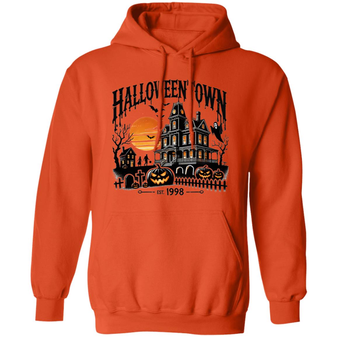 Vibrant Halloween Town Print Short Sleeve T-Shirt, Long Sleeve T-shirt, Pullover Hoodie - Soft, Casual, Novelty Design - Cozy Clothing for Halloween Wear