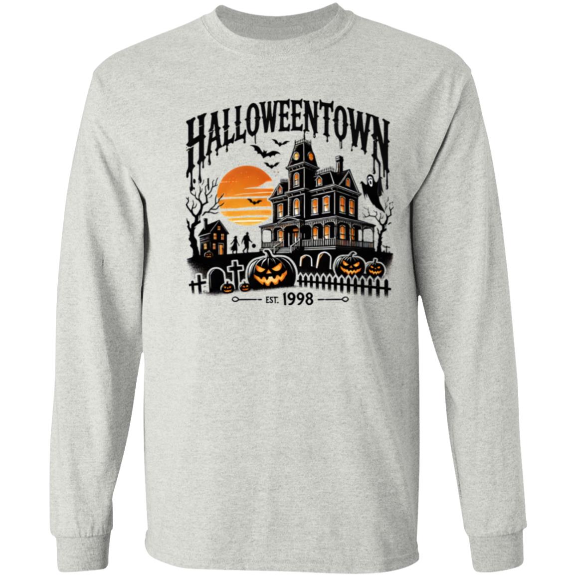 Vibrant Halloween Town Print Short Sleeve T-Shirt, Long Sleeve T-shirt, Pullover Hoodie - Soft, Casual, Novelty Design - Cozy Clothing for Halloween Wear