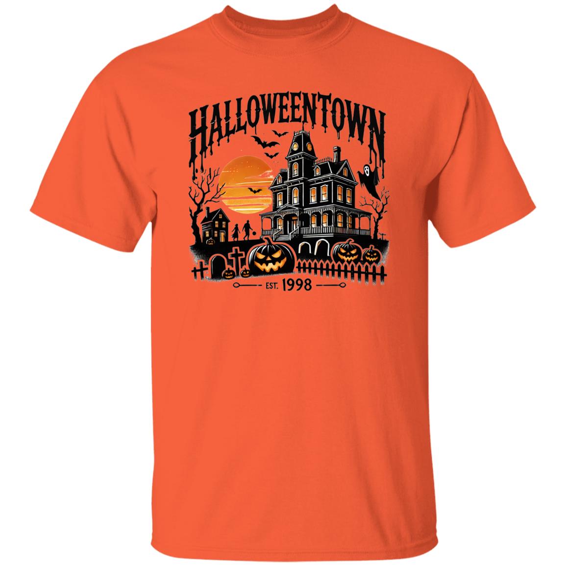 Vibrant Halloween Town Print Short Sleeve T-Shirt, Long Sleeve T-shirt, Pullover Hoodie - Soft, Casual, Novelty Design - Cozy Clothing for Halloween Wear