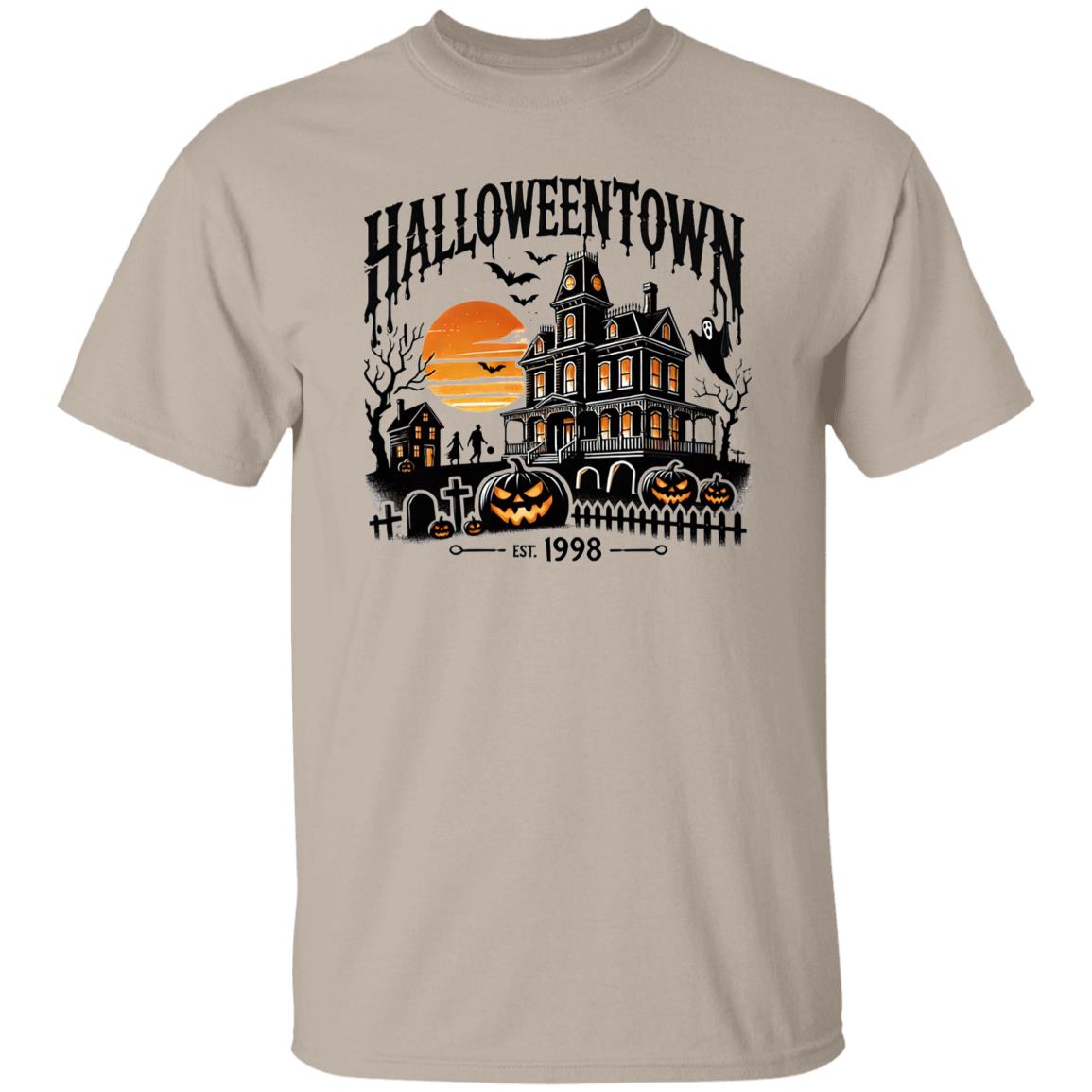 Vibrant Halloween Town Print Short Sleeve T-Shirt, Long Sleeve T-shirt, Pullover Hoodie - Soft, Casual, Novelty Design - Cozy Clothing for Halloween Wear