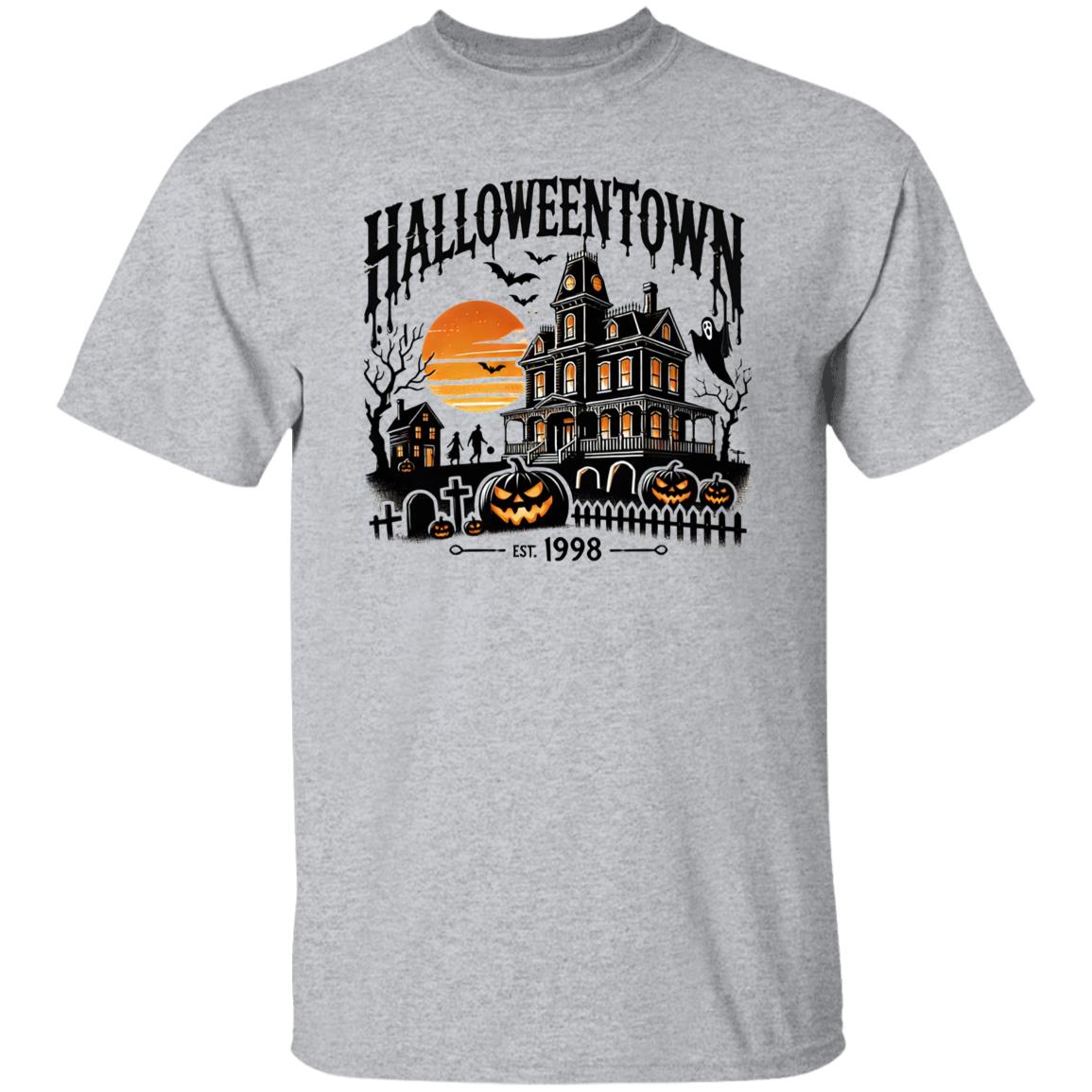 Vibrant Halloween Town Print Short Sleeve T-Shirt, Long Sleeve T-shirt, Pullover Hoodie - Soft, Casual, Novelty Design - Cozy Clothing for Halloween Wear