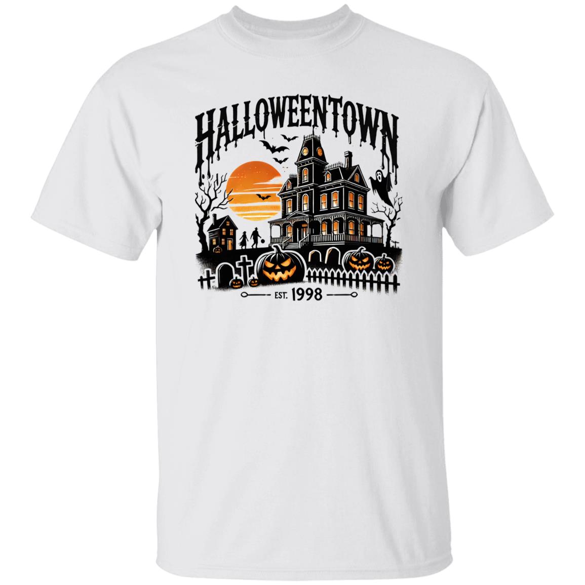 Vibrant Halloween Town Print Short Sleeve T-Shirt, Long Sleeve T-shirt, Pullover Hoodie - Soft, Casual, Novelty Design - Cozy Clothing for Halloween Wear