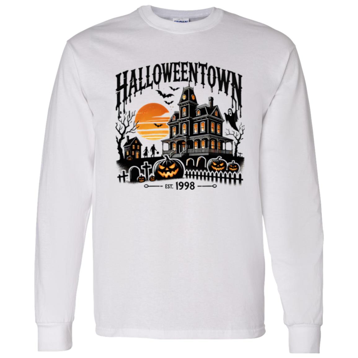 Vibrant Halloween Town Print Short Sleeve T-Shirt, Long Sleeve T-shirt, Pullover Hoodie - Soft, Casual, Novelty Design - Cozy Clothing for Halloween Wear