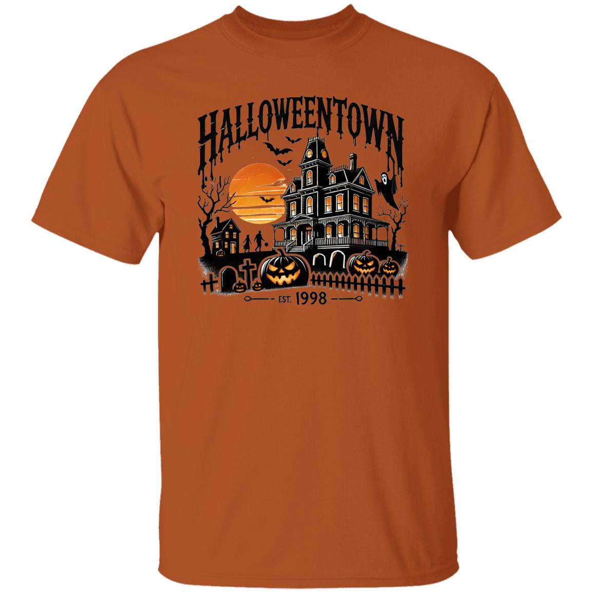 Vibrant Halloween Town Print Short Sleeve T-Shirt, Long Sleeve T-shirt, Pullover Hoodie - Soft, Casual, Novelty Design - Cozy Clothing for Halloween Wear
