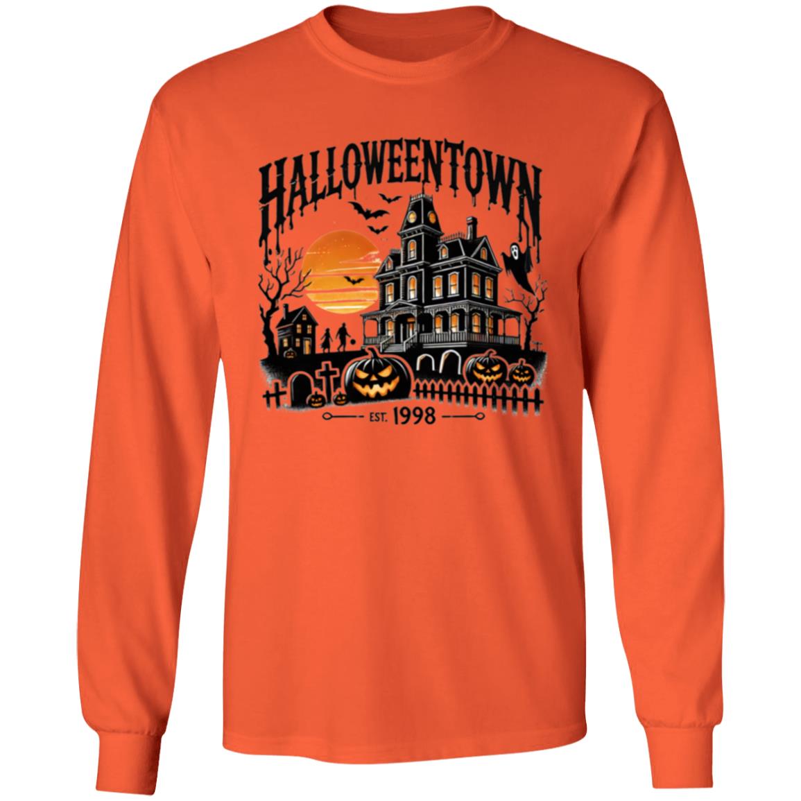 Vibrant Halloween Town Print Short Sleeve T-Shirt, Long Sleeve T-shirt, Pullover Hoodie - Soft, Casual, Novelty Design - Cozy Clothing for Halloween Wear