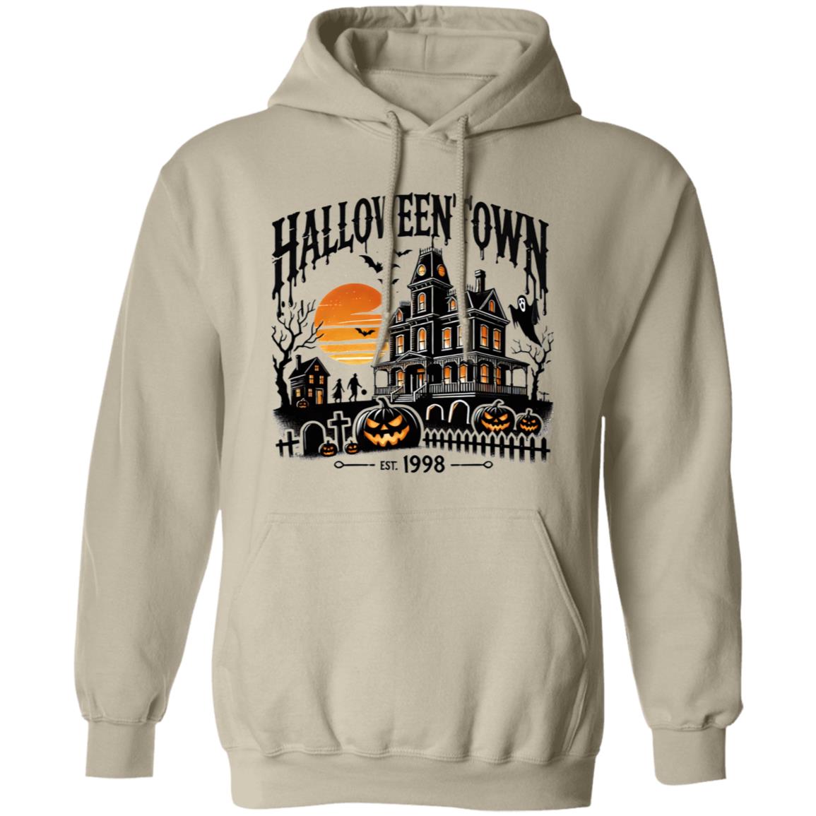 Vibrant Halloween Town Print Short Sleeve T-Shirt, Long Sleeve T-shirt, Pullover Hoodie - Soft, Casual, Novelty Design - Cozy Clothing for Halloween Wear