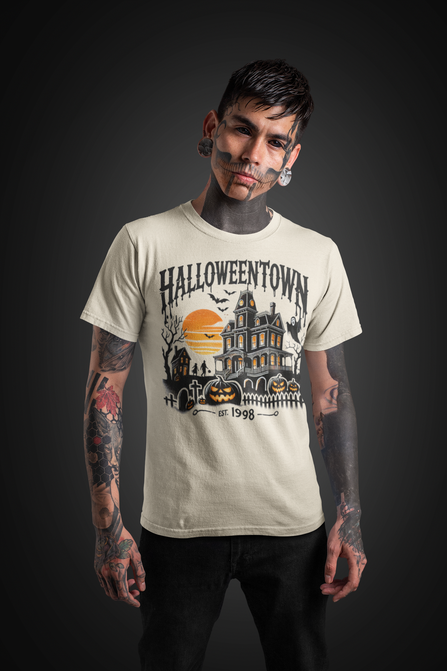 Vibrant Halloween Town Print Short Sleeve T-Shirt, Long Sleeve T-shirt, Pullover Hoodie - Soft, Casual, Novelty Design - Cozy Clothing for Halloween Wear