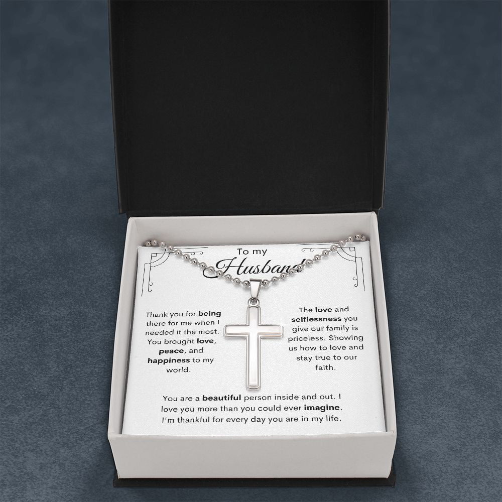 To My Husband / Stainless Cross Necklace with Ball Chain