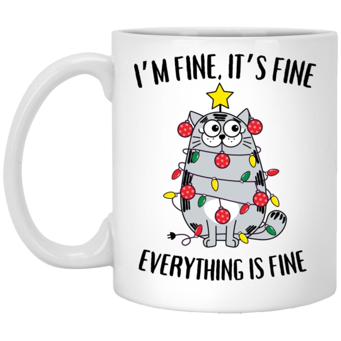 I'm Fine, It's Fine Grey Cat Mugs